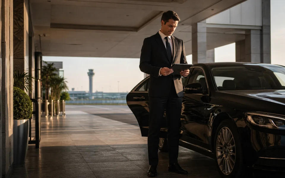 Professional chauffeur reviewing trip details beside a black executive sedan.