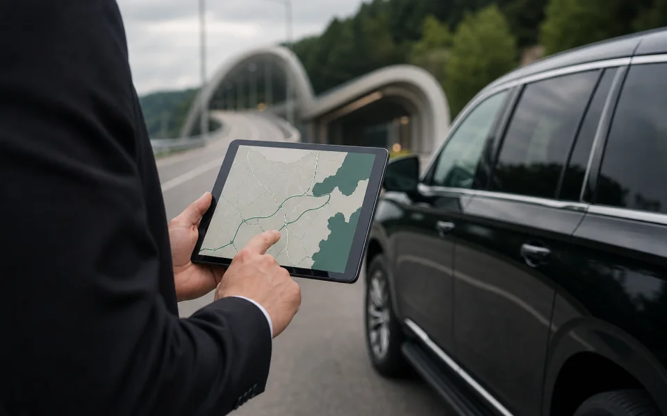 Professional reviewing an abstract road route beside a black luxury vehicle.