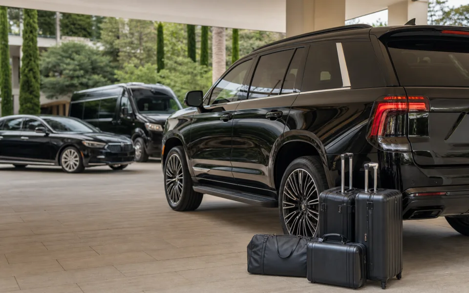 Black luxury SUV prepared with passenger luggage and other vehicle classes nearby.