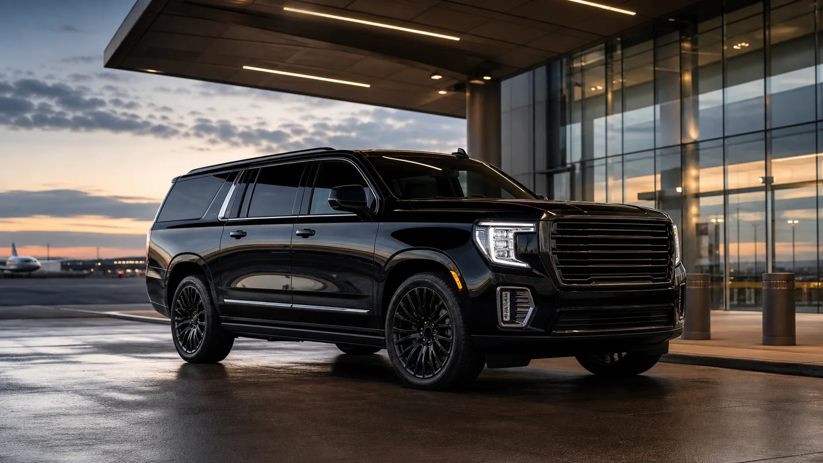 Black GMC Yukon XL Denali class premium SUV at an executive airport terminal.