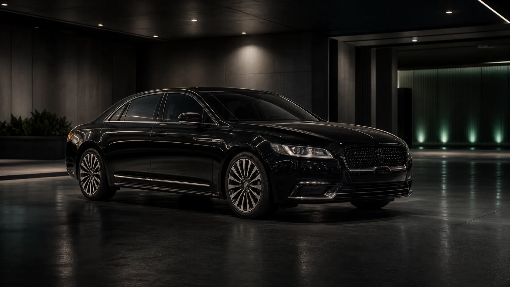 Black Lincoln Continental Black Label executive sedan staged for chauffeur service.