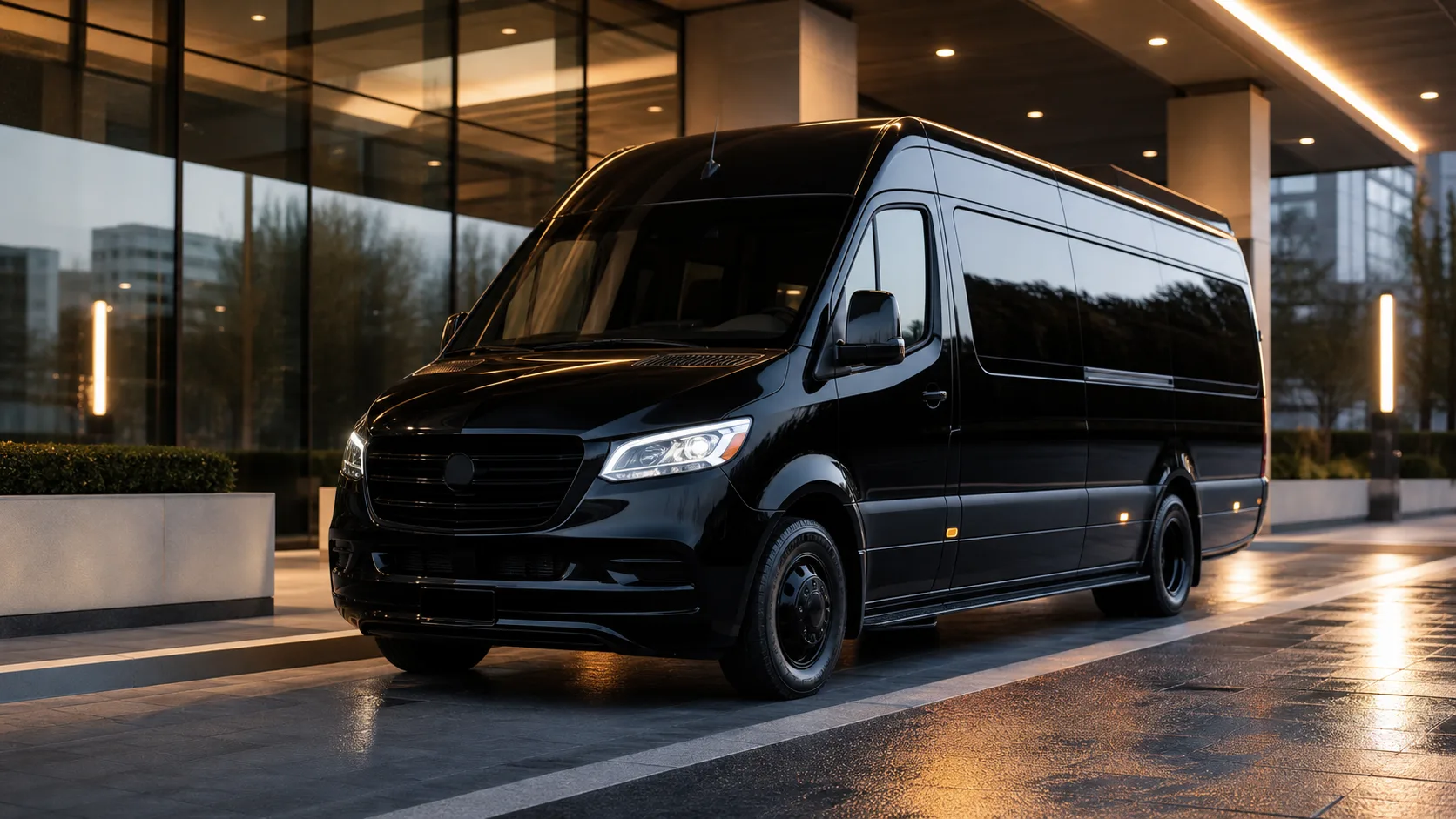 Black Mercedes-Benz Sprinter executive passenger van at a corporate arrival lane.