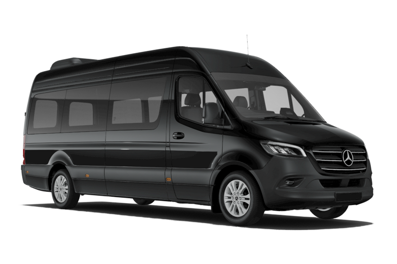 Black Mercedes-Benz Sprinter passenger van shown as a representative fleet class.
