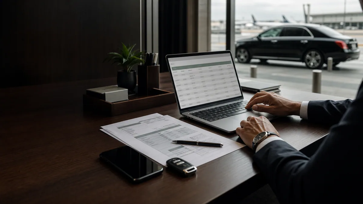 Travel manager reconciling trip records and invoices at an executive desk