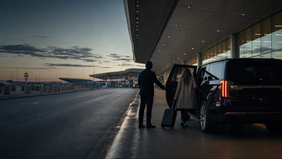 Chauffeur meeting an arriving passenger beside a black SUV at an airport terminal