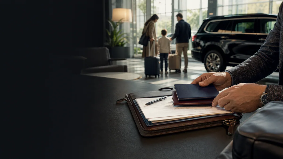 Family travel documents organized before a chauffeured cross-border departure