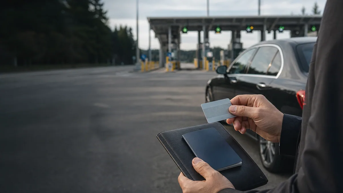 Business traveler preparing a trusted-traveler card near a border crossing lane