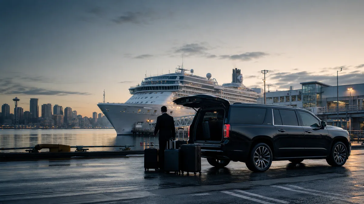 Chauffeured black SUV and luggage staged beside a Seattle cruise terminal