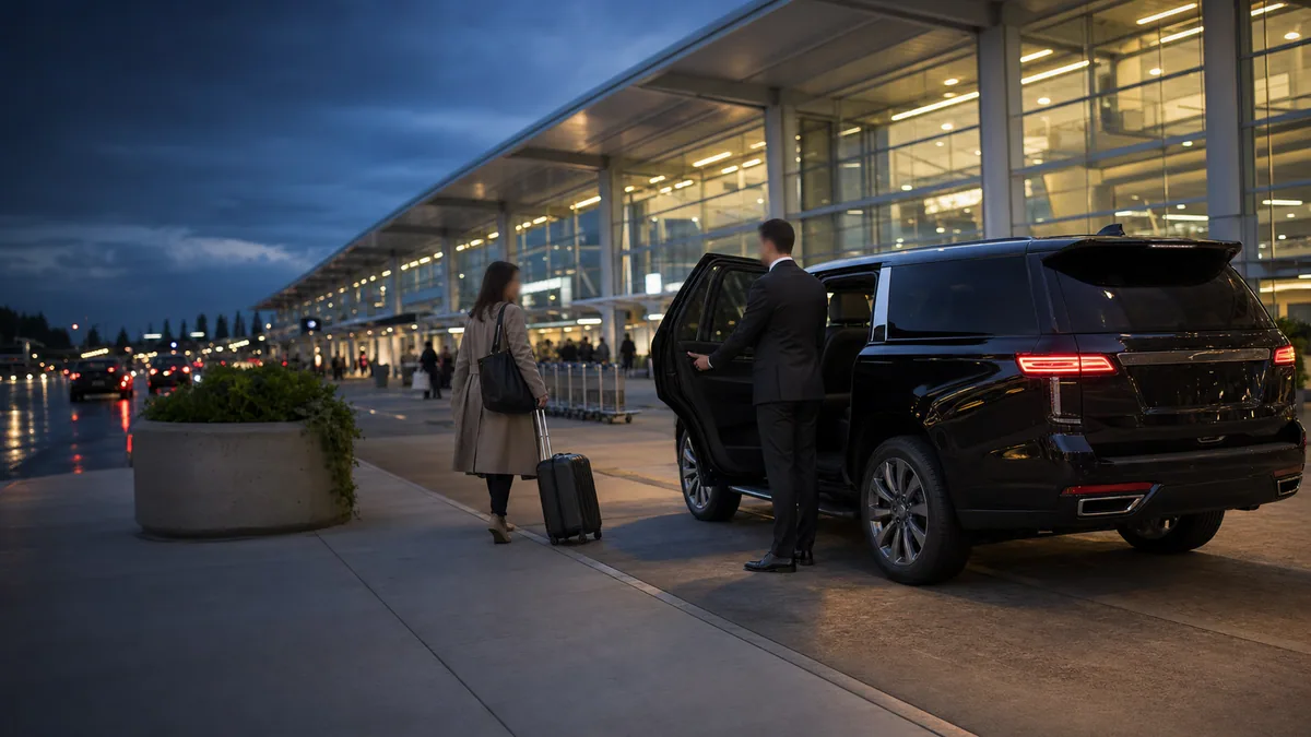 Chauffeur greeting a traveler with luggage beside a black SUV at airport arrivals