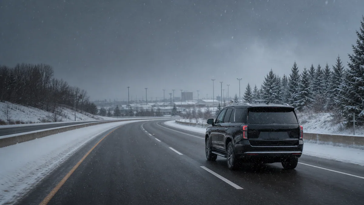 Black executive SUV traveling safely on a plowed highway during light snow