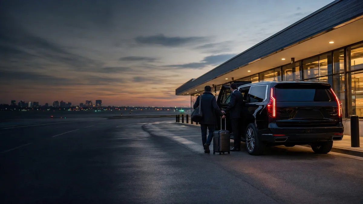 Chauffeur assisting an arriving traveler at a regional airport terminal at dawn