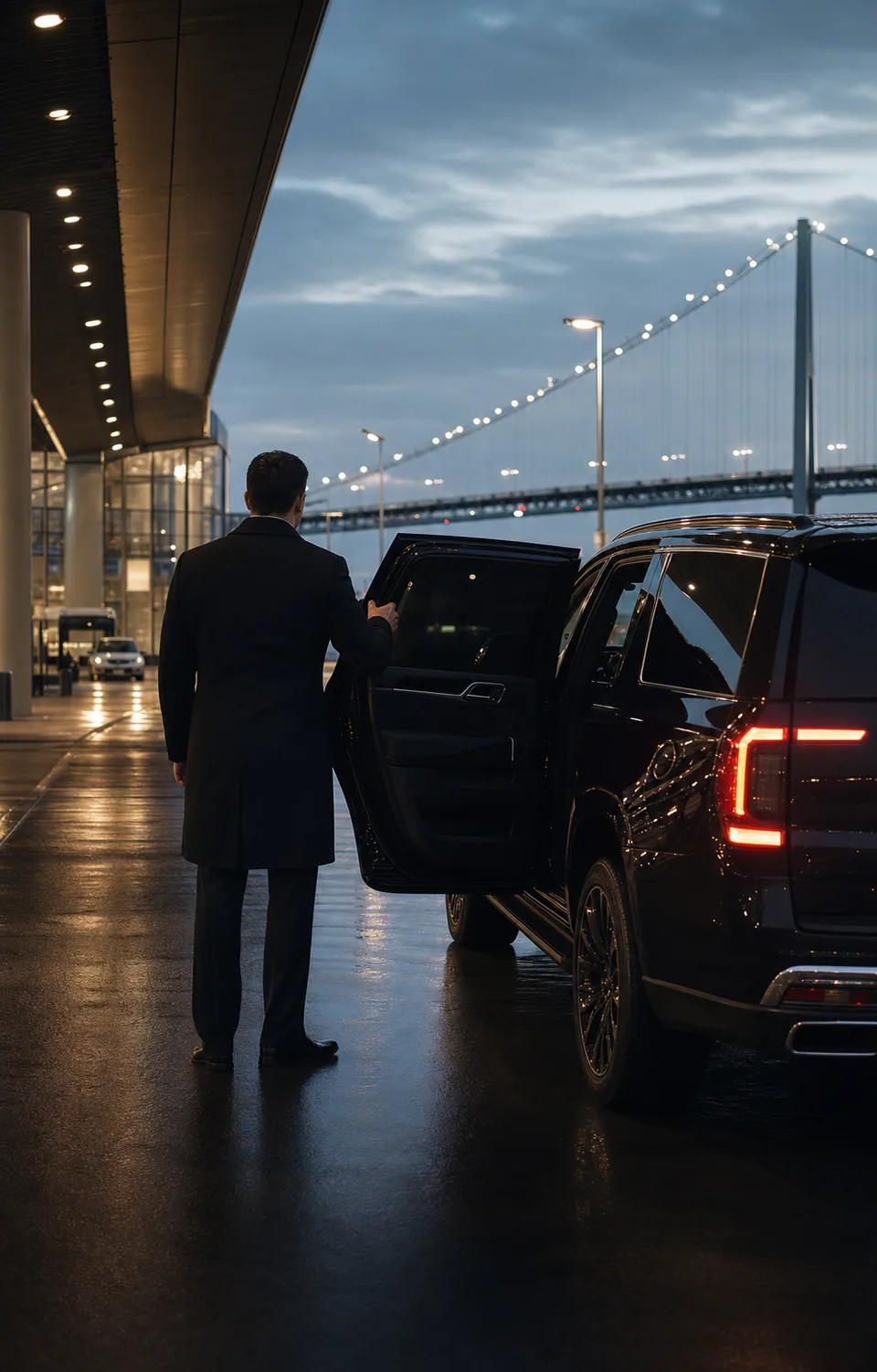 A professional chauffeur holding open the rear door of a black executive SUV at an airport curb