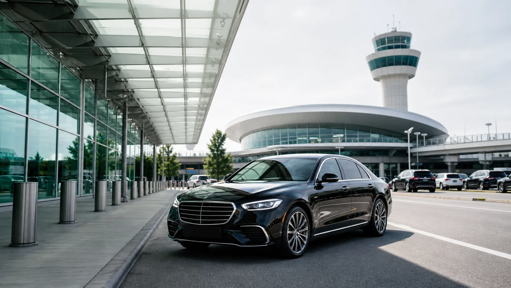 Black executive sedan waiting outside a modern airport terminal.