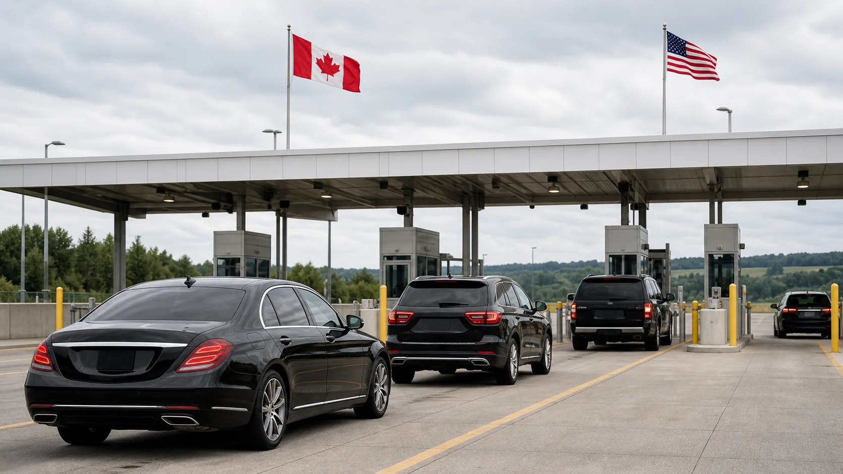 Executive vehicles approaching a Canada and U.S. border crossing plaza.