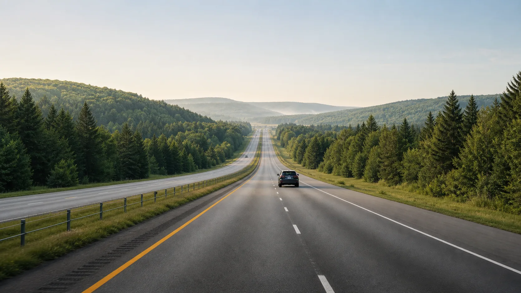 Open highway through green countryside for long-distance private transfers.