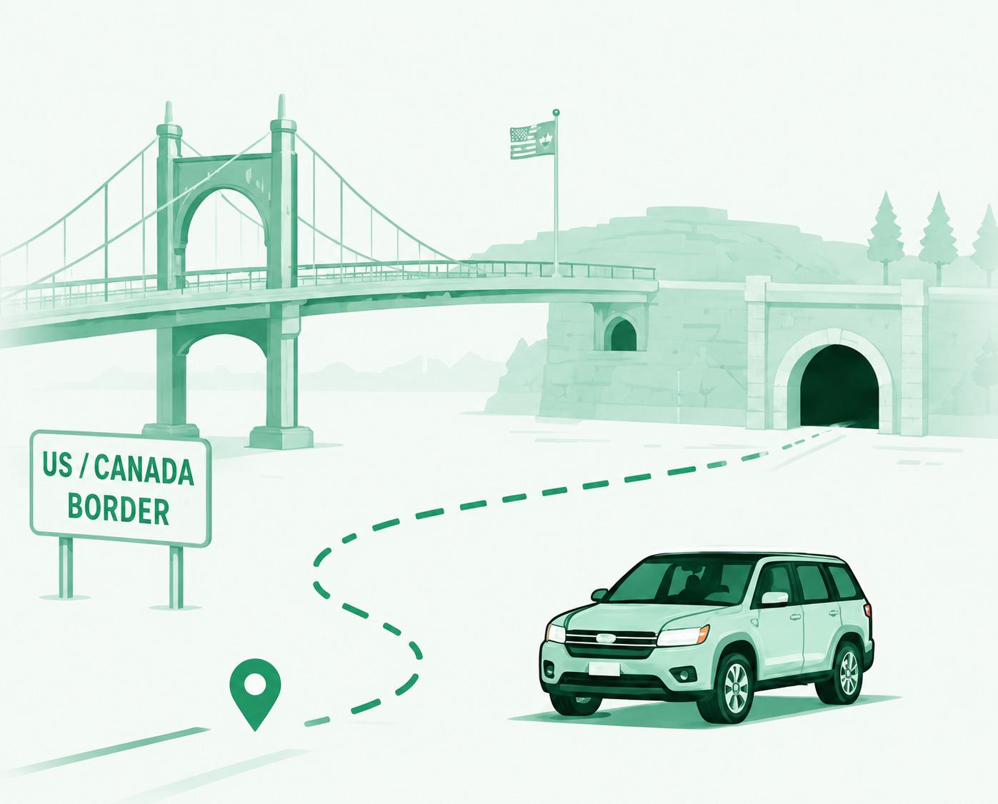 US and Canada border route planning illustration with bridge, tunnel, route path, map pin, and private SUV.