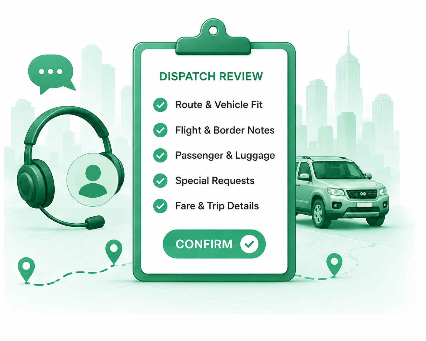 Dispatch review checklist illustration with headset support, route pins, city skyline, private SUV, and confirmed trip details.
