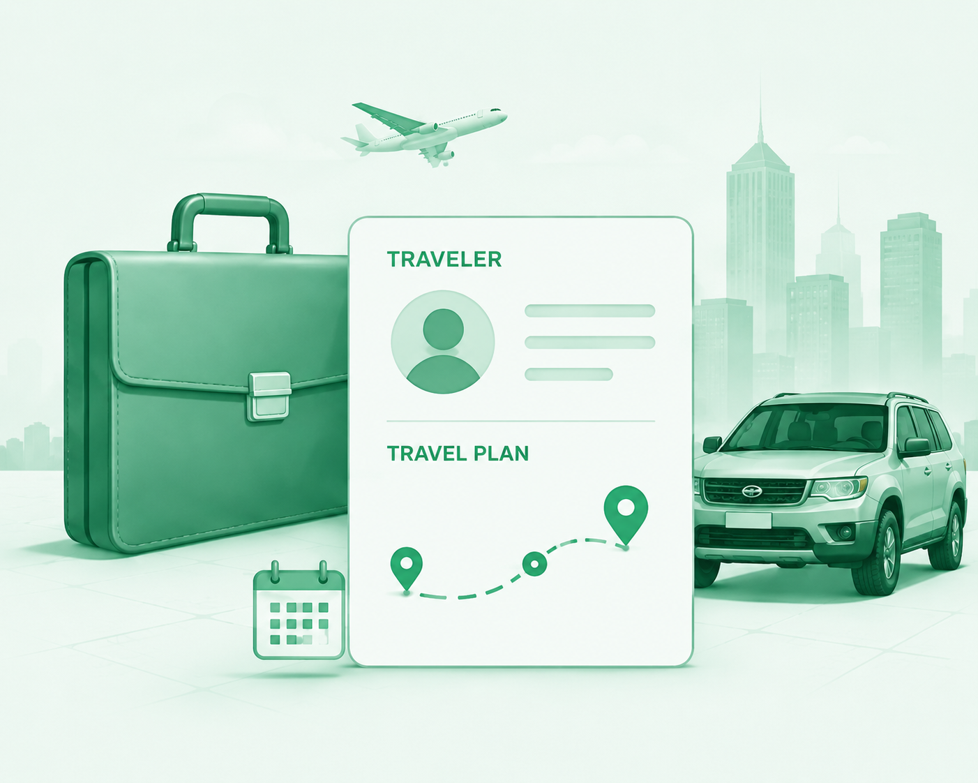 Managed traveler profile and travel plan illustration with luggage, calendar, route pins, city skyline, aircraft, and private SUV.